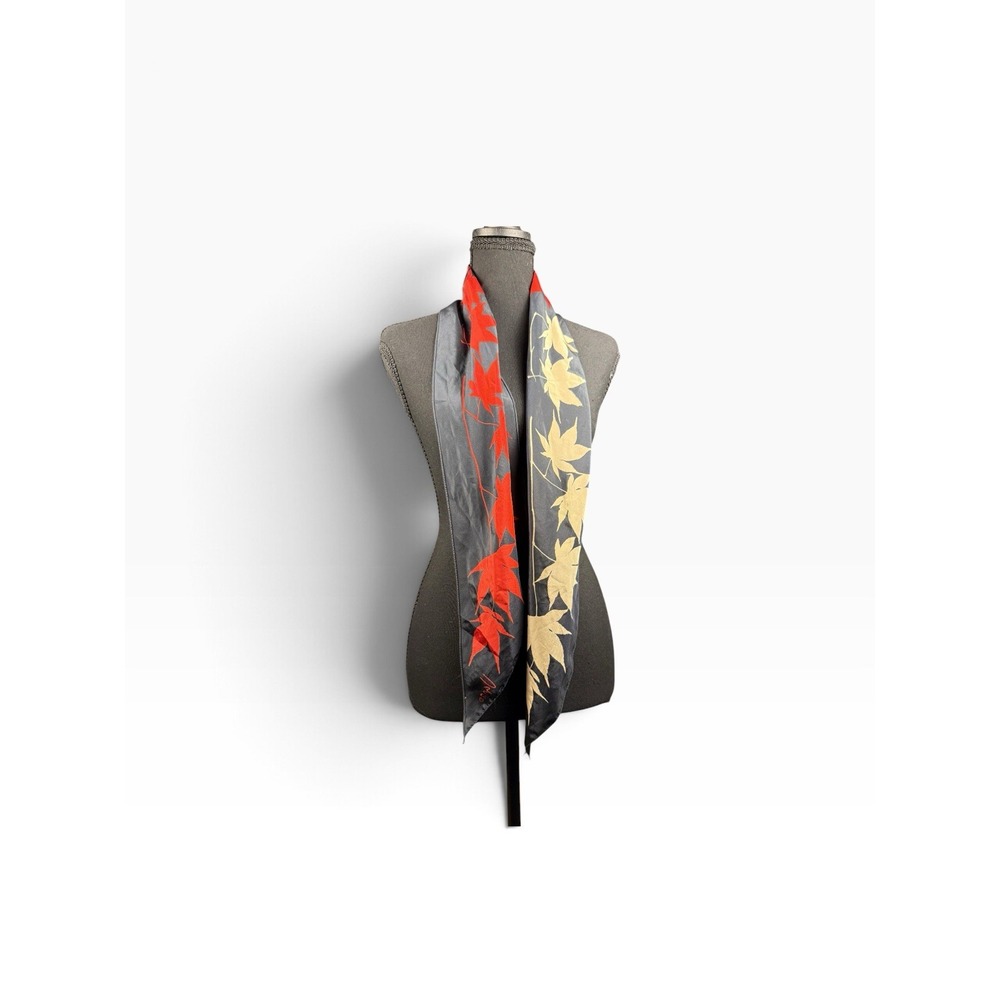 Vera Neumann Vintage Silk Scarf Gray Red Tan Maple Leaf Botanical Print - Picture 5 of 15